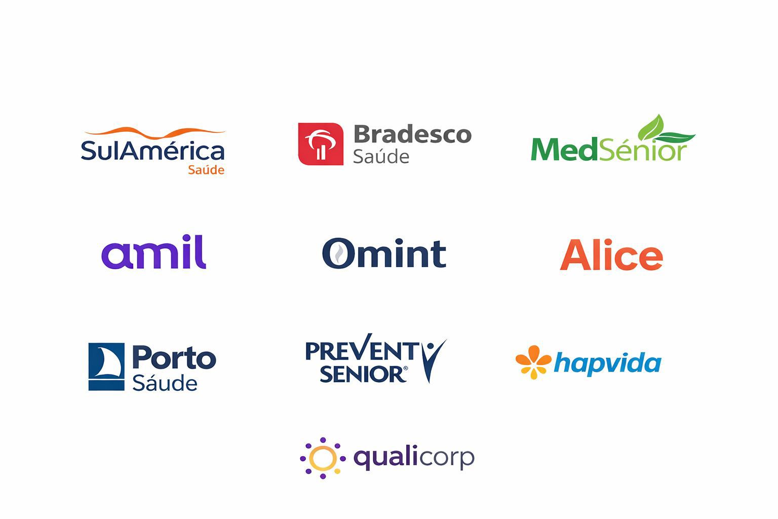 Operadoras de planos de saúde - SulAmérica, Bradesco Saúde, Amil, Omint, Alice, Porto Saúde, Prevent Senior, Hapvida, MedSénior, Qualicorp